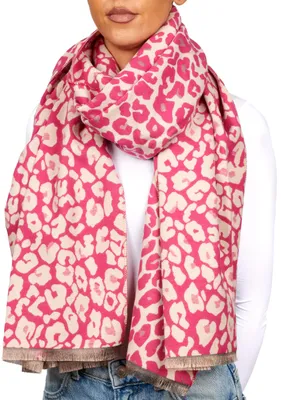Produktbild von BRUBAKER Cashmirillo Damen Schal mit Leoparden Muster - 70 x 200 cm - Warm & Kuschelig - Leo Damenschal für Herbst und Winter, Pink und Weiß