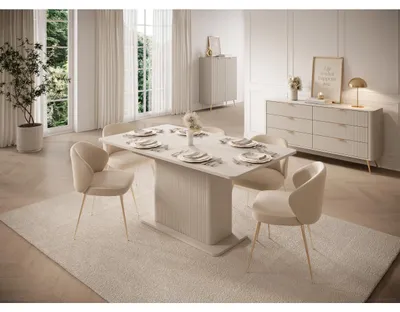 Produktbild von LATTE Ausziehbarer Esstisch 160-200 cm Sandbeige | Moderner Esszimmertisch mit gefräster Basis