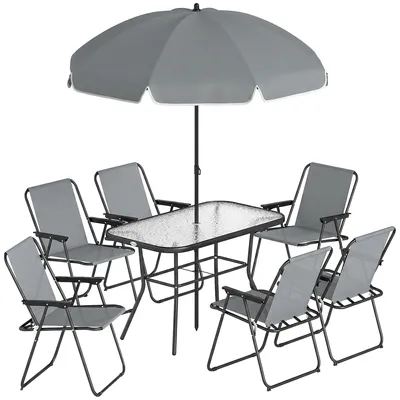 Immagine prodotto di Set 8 Pezzi da Giardino con Ombrellone 6 Sedie Pieghevoli e Tavolo da Esterno in Vetro Temperato Grigio