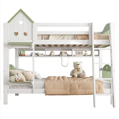 Produktbild von Kinderbett mit Fallschutz Gitter Dach und Fenster Etagenbett Hausbett Jugendbett 90x200cm Weiß+Grün