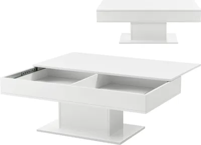 A white high-gloss coffee table with two storage compartments is shown from a slightly elevated angle, with a smaller, top-down view of the table in the background.