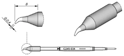 Obrázok produktu pre JBC spájkovací hrot série C245, okrúhly tvar, C245034/Ø 0,4 mm, zahnutý C245034
