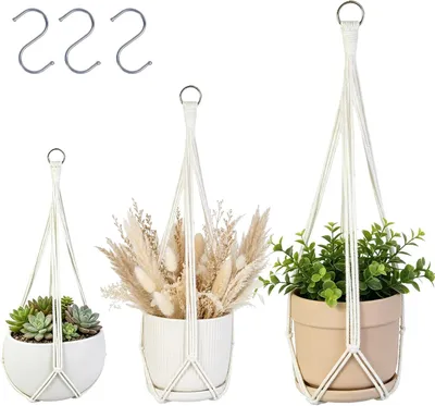 Imagen del producto de Soportes para plantas de macramé hechos con cuerda de algodón, juego de 3 unidades, para uso en interiores y exteriores