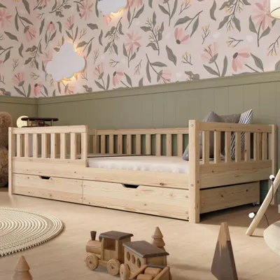 Produktbild von Crazy Pine Kinderbett mit Schublade 200x90cm – Massives Montessori Bodenbett aus Holz mit Rausfallschutz – Crazy Basic