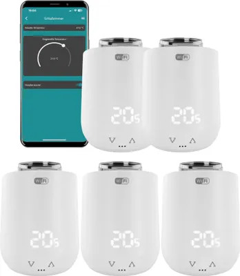 Produktbild von Eurotronic Comet WiFi Heizkörperthermostat Set - Smart Home Heizungssteuerung für 5 Heizkörper inkl. gratis App und Ventil-Adapter-Gutschein | Kompatibel mit jedem WLAN Router (2,4 GHz)
