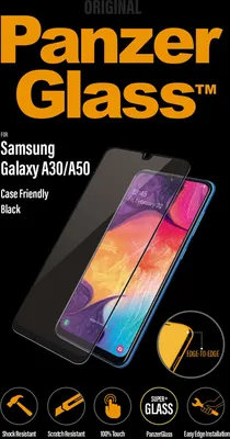 A product image for a PanzerGlass screen protector for a Samsung Galaxy A30/A50.