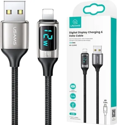 Produktbild von Usams Geflochtenes Kabel U78 Lightning 1.2M Led 2.4A Schnellladung Silber Schwarz Sj543Usb02 (Us-Sj543)