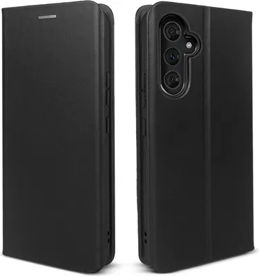A black flip cover case for a smartphone is shown from two angles.