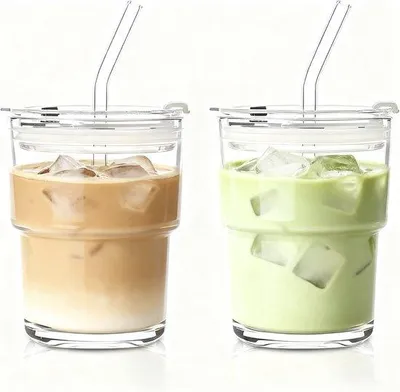 Immagine prodotto di Bicchieri con coperchio e bastoncino, set da 2, 420 ml, bicchieri per caffè freddo e frullati, leggeri e riciclabili