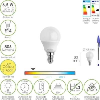 Obrázek produktu pro Led Sphere žárovka E14 závit. 6.5 W. Ekvivalent 50 Wattů. 806 lumenů. Teplé světlo 2700º K.