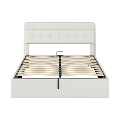 Produktbild von Flieks Polsterbett 160x200cm mit Lattenrost, Stauraumbett Jugendbett mit Stauraumkopfteil, Hydraulisches Boxspringbett Doppelbett, PU, Cremeweiß