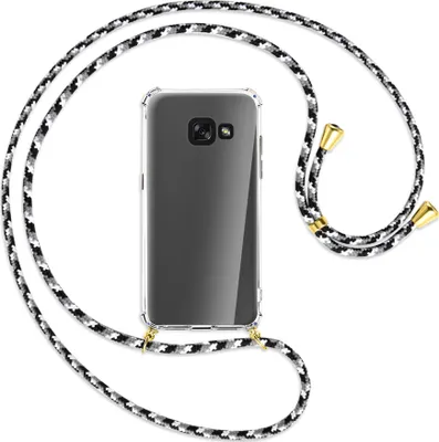 Produktbild von Handykette Backcover-Schutzhülle mit Band (Metall goldfarben) für Samsung Galaxy A3 2017 - schwarz/grau/weiß