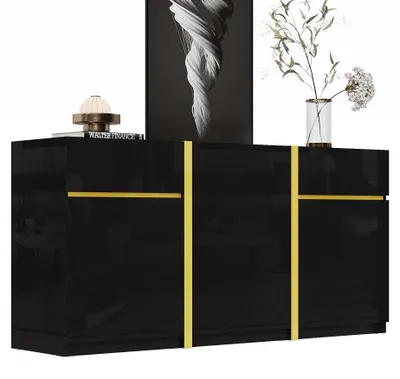 Produktbild von s Sideboard 160 cm mit Hochglanz-Finish – Aufbewahrungsschrank in Schwarz, 3 Türen & 2 Schubladen, minimalistisches Design, für Wohnzimmer & Esszimmer