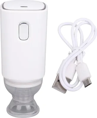 A white electric vacuum pump and a white USB charging cable on a white background.