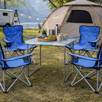 5-tlg. blaues Campingmöbel Set, Tisch mit Tragegriff und Stühle mit Tasche