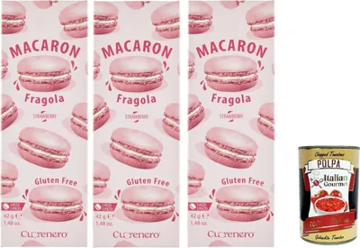 Produktbild von Cuorenero Macaron Fragola, gluten frei, gluten free, Kosher, Macaron Erdbeercreme 3x 42g + Italian Gourmet polpa 400g
