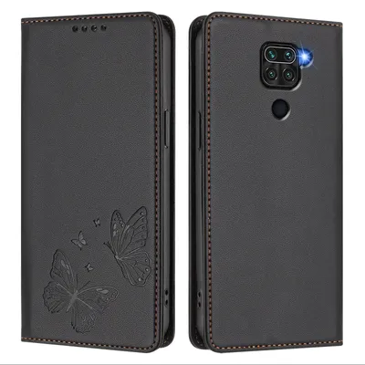 Obrázek produktu pro Kožené pouzdro pro Xiaomi Redmi Note 9 4G, motýlí ražbou, peněženkové flip pouzdro se stojánkem Černá