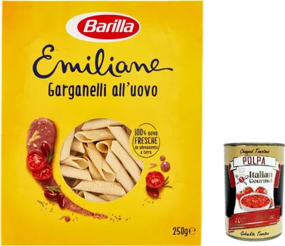 Produktbild von 3x Barilla Pasta all' Uovo Le Emiliane Garganelli, Eiernudeln, Pasta mit Ei 250g + Italian Gourmet polpa 400g