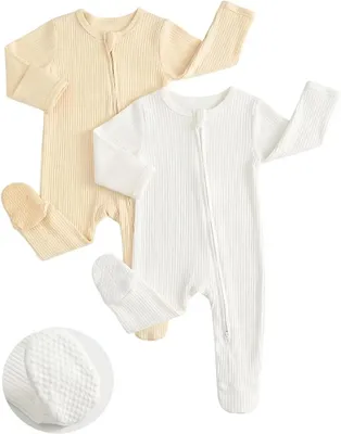 Productafbeelding van Babypyjama voor meisjes en jongens - 2 stuks - Lange mouwen - 100% katoen - Overall met babyvoetjes - Pasgeborenen - Kleding 0-12 maanden