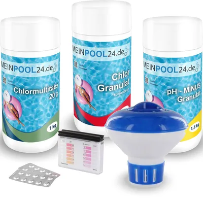Produktbild von Wasserpflege Set|Chlor Starterset|6 in 1|1,0 kg Chlorgranulat schnelllöslich|1,0 kg Chlormultitabs 20 g|1,5kg pH-Minus Granulat|1 Dosierschwimmer|1 Wassertestkit pH/Cl|Wasserpflegeanleitung