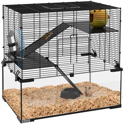 Produktbild von PawHut Hamsterkäfig, Nagetierkäfig, 3 Ebenen mit Rad, Rampen, Haus, Tränke, Futterspender, 60L x 40B x 57H cm, Schwarz