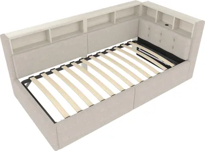Immagine prodotto di okwish divano letto 90×200 daybed senza materasso con illuminazione a strisce LED e rete, daybed letto per giovani con vani portaoggetti e tipo C, beige
