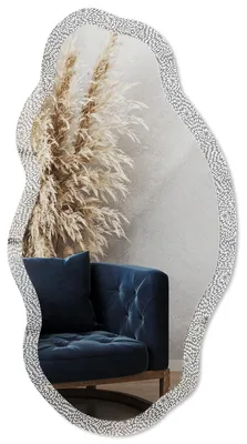 Produktbild von Dekorativer Wandspiegel mit Print, organische asymmetrische Form, 90x45 cm, moderner Designspiegel für Wohnzimmer, Flur und Schlafzimmer - Blattrhythmus, KI-generiertes Bild
