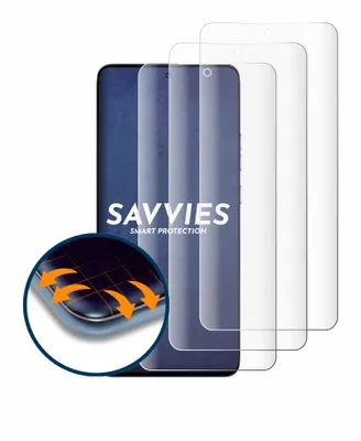 A product shot of multiple screen protectors for a smartphone, with a close-up inset showing a protective feature.