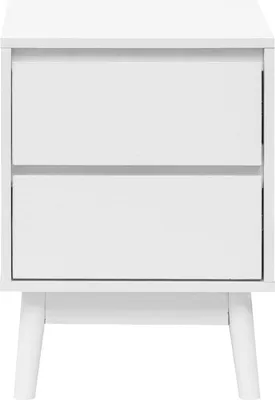 A white, two-drawer nightstand with angled legs, shown from the front against a white background.