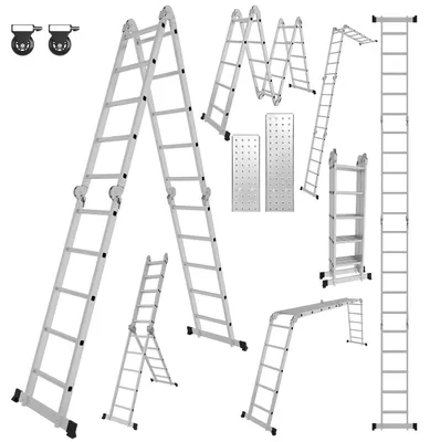 Image de Échelle multifonction Peviasot 7 en 1 en aluminium, 4 x 5 échelons, environ 580 cm / 5,8 m, échelle télescopique et pliante avec 2 plateformes et roulettes de transport, capacité de charge maximale de 150 kg