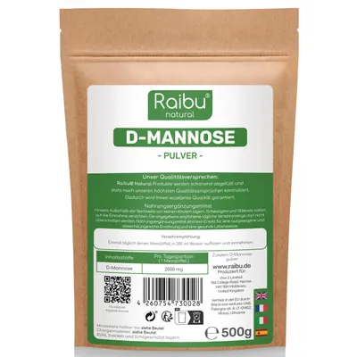 Zdjęcie produktu dla D-mannoza w proszku 500 g, naturalna i wegańska, zapas na 250 dni – RAIBU