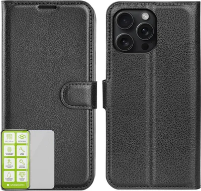 Produktbild von Für Apple iPhone 16 Pro Handy Tasche Schwarz Etuis Kunst-Leder Hülle Case + H9 Hart Glas