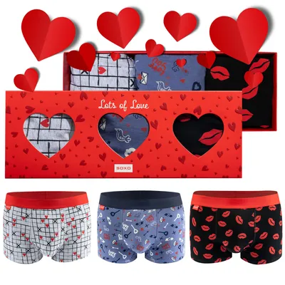 Produktbild von Set mit 3 Paar Herren-Baumwoll-Boxershorts im Herzen-Design, Gr. L von SOXO – Valentinstagsgeschenk für den Mann