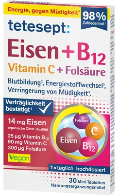 Immagine prodotto di Tetesept Ferro + B12 + Vitamina C + Acido folico: compresse per favorire la formazione del sangue, il metabolismo energetico e ridurre la stanchezza, 30 compresse
