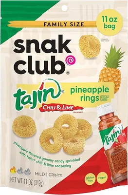 Produktbild von Snak Club Tajín Pineapple Rings – 64 g | Chili-Limetten-Ananasringe | Süß-würzige Fruchtgummis | Vegan & glutenfrei | + Heartforcards Versandschutz