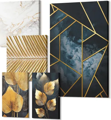 Produktbild von Leinwandbilder Mehrteilig 5-teilig – Modernes Design – Hochwertiger Polycanvas Kunstdruck – Wanddekoration & Wandkunst – Bilder für Zuhause – 2x 30x30 cm + 2x 20x30 cm + 1x 40x60 cm – Stilvolle Dekorationen mit Blattmotiven und geometrischen Mustern