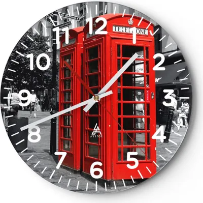 Produktbild von Wanduhr - Rund - Glasuhr - Großbritannien London Telefon Straße - 30x30cm - Schleichendes Uhrwerk - Lautlos - zum Aufhängen bereit - Dekoration Modern - Wanddekoration aus Glas - C4AR30x30-0364