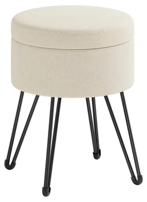 Produktbild von SONGMICS Sitzhocker, runder Hocker mit Stauraum, Aufbewahrungsbox mit Deckel, Schminkhocker, 39 x 44,1 cm (Ø x H), Metallbeine, gepolsterter Sitz, Wohnzimmer, Schlafzimmer, cremeweiß LOM002W01