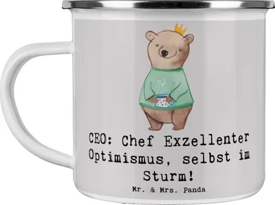 Produktbild von Mr. & Mrs. Panda Teetasse CEO Optimismus - Grau Pastell - Geschenk, Herausforderungen, Pott, Teebecher, Beruf, Emaille Becher, Berufe, Blechtasse, Unternehmensführung