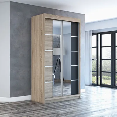 Produktbild von Schwebetürenschrank, 2-türig Schrank ERA 120 cm (mit Spiegel) (Sonoma / sonoma / schwarz)