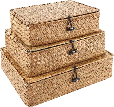 Productafbeelding van Opbergmand 3 stuks, zeegras, met deksel, rechthoekig, voor badkamer
