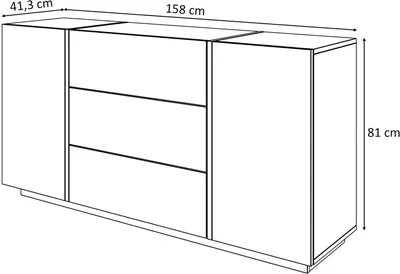 A line drawing of a black sideboard with three drawers in the center and two cabinet doors on the sides, with dimensions indicated.