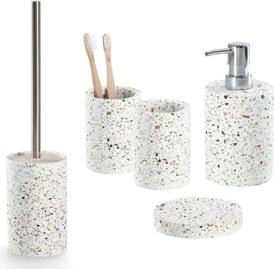 Produktbild von 5-teiliges Badezimmer-Set Terrazzo Muster, Badzubehör-Set besteht aus: Seifenspender, 2x Zahnputzbecher, Seifenschale, WC-Bürste, modern