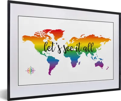 Produktbild von MuchoWow® MuchoWow® Gerahmtes Poster Weltkarte - Regenbogen - Kompass 60x40 cm - Poster mit zchwarzem Bilderrahmen - Schlafzimmer - Plakat in Rahmen - Drucken