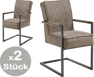 Produktbild von Bega Consult Esszimmerstuhl Linda, Mikrofaser Taupe, Freischwinger Armlehnenstuhl, 2er-Set, mit Federkern für hohen Sitzkomfort, max. Belastbarkeit 120kg, 51,5x70x92 cm, Sitzhöhe 53 cm