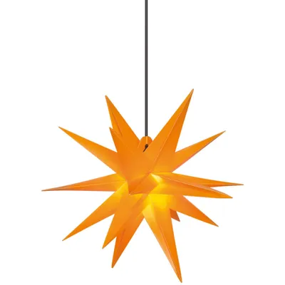 An orange star-shaped lamp hanging from a black cord against a white background.