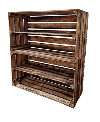 A set of two stacked wooden crates, presented as shelving units, against a white background.