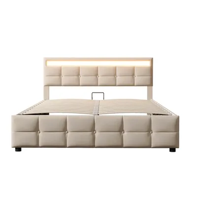 Produktbild von Flieks Hydraulisches Polsterbett 180x200cm mit LED, Stauraumbett Boxspringbett mit Lattenrost, Doppelbett Jugendbett Holzbett, Samt, Beige