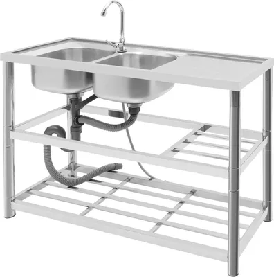 Produktbild von Gewerbliche Küchenspüle - Doppelbecken aus Edelstahl - 3-stufige Ablage - 360° schwenkbarer Wasserhahn - Freistehend - Silber