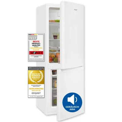 A white refrigerator with its doors open, displaying food items inside. Several award badges are attached to the left side of the refrigerator.